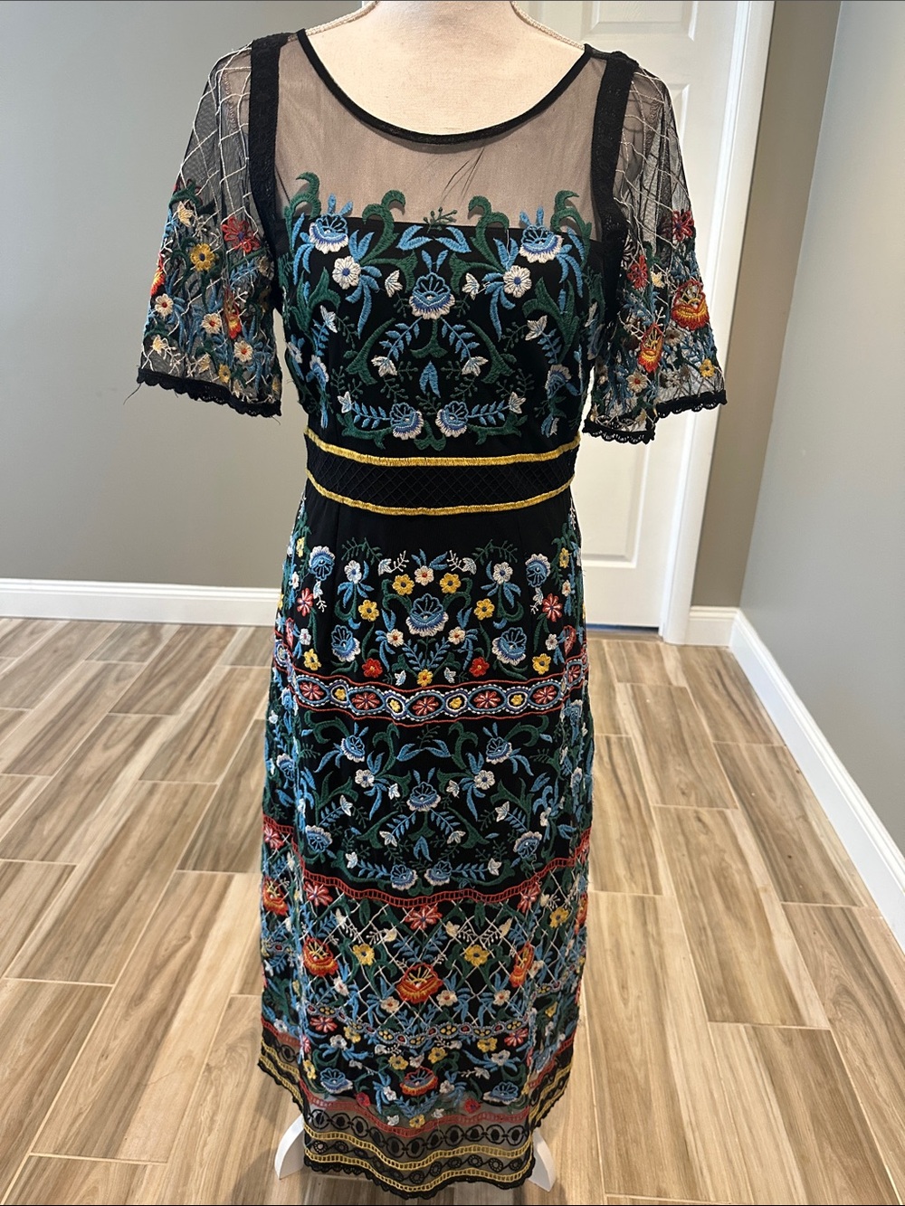Anthropologie Black Floral Embroidered Midi Dress